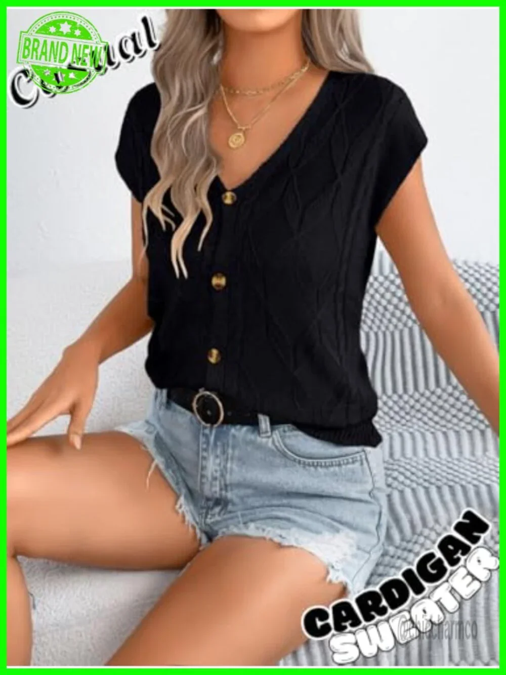 Cap Sleeve V Neck Argyle Cable Knit Button Down Sweater Vest Cardigan Top